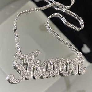 Name Plate, Silver Diamond Name Necklace, Custom Bling Name Necklace, Iced Out Nameplate, Personalized Name Necklace For Women