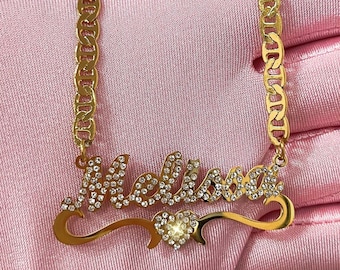 Crystal Diamond Name Necklace, Personalized Flat Chain