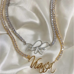 Collar con nombre personalizado, cadena de tenis con nombre, collar con nombre Bling, collar con nombre personalizado, collar con placa de identificación, regalos de Navidad