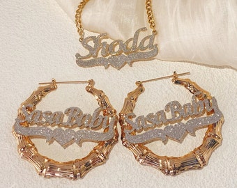 Personalized Bling Bamboo Earrings Necklace Set, Custom Nameplate Jewelry