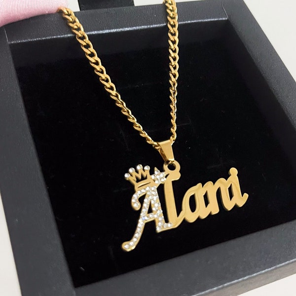 18K Gold Filled Custom Name Pendant Necklace, Diamond Crown Necklace, Name Plate Necklace, Personalized Necklace, Kids Name Necklace Chain