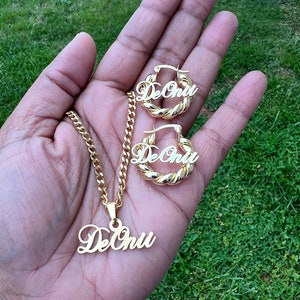 Custom Name Hoop Earrings Necklace Set, Stainless Steel Personalized Jewelry