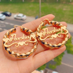 Custom Hoop Earrings, Name Twist Hoop Earrings, Custom Kids Name Earrings, Name Bamboo Earrings, Personalized Earrings, Gold Hoop Earrings