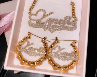 Benutzerdefinierte Name Bambus Hoop Ohrringe Halskette Set, Bling Schmuck