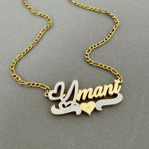 Personalized Double Name Necklace, Custom Name Necklace, Two Tone Name Necklace, Nameplate Necklace, Name Necklace, Gift For Her,Diamond Cut