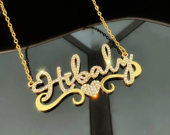 Script Diamond Name Necklace, Personalized Bling Nameplate