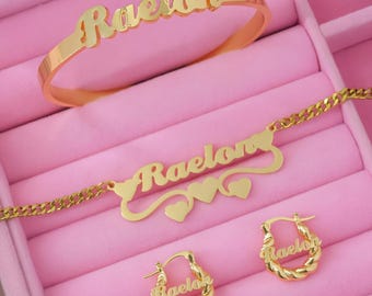 Kids Birthstone Jewelry Set, Gold Nameplate Necklace, Dainty Birthstone Necklace, Custom Name Earrings, Personalized Bangel, Birthday Gift