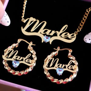 Custom Name Jewelry Set,Birthstone Earrings Necklace,Twist Name Earrings,Gold Name Necklace,Personalized Necklace,Custom Gift for Women Kids