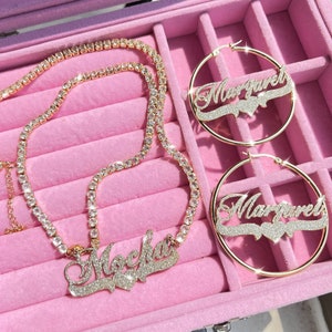 Custom Name Hoop Earrings, Tennis Chain Necklace, Personalized Jewelry Set