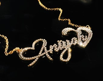 Crystal Diamond Name Necklace, Gold Personalized Nameplate Necklace