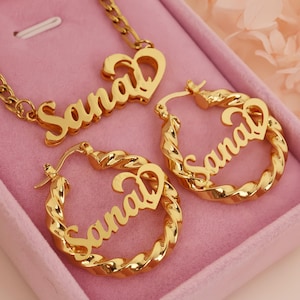 Custom Kids Women Name Jewelry Set, Double Nameplate Necklace, Gold Name Earrings, Name Hoops, Personalized Gift,Custom Jewelry Gift for Her