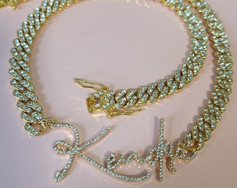 Diamond Script Name Necklace With Iced Out Cuban Chain, Custom Name Necklace, Crystal Name Necklace, Bling Name Necklace, Iced Out Jewelry