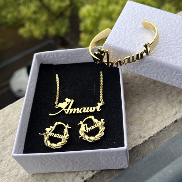 Custom Baby Jewelry Set, Name Hoop Earrings, Kids Bangle Earrings, Name Box Chain, Personalized Nameplate Jewelry Set Baby Kids Toddler