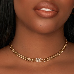 Diamond Blod Name Choker Necklace, Custom Letter Necklace, Initial Name Necklace, 8mm Cuban Thick Chain, Personalized Vintage Name Necklace