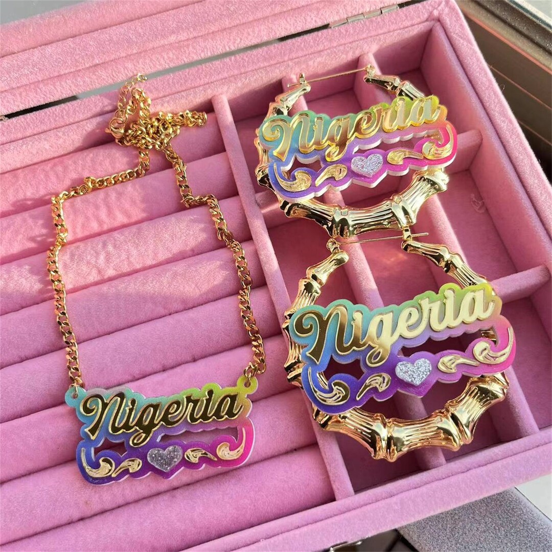 Custom Acrylic Bamboo Earrings Name Necklace Set Name Bamboo Etsy