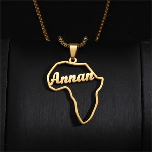 Collar de mapa de África personalizado, collar de nombre de África, collar de nombre personalizado, colgante de mapa con cadena de caja, collar de continente de adopción africana