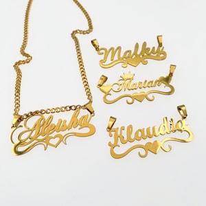 May include: Four gold-tone necklaces with personalized nameplates. Each nameplate features a cursive font with a heart design. The names on the nameplates are Aleisha, Malky, Marian, and Klaudia.