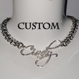 Custom Diamond Name Necklace Iced Out Cuban Chain, Script Name Necklace, Personalized Nameplate Necklace, Crystal Name Necklace, Hip Pop