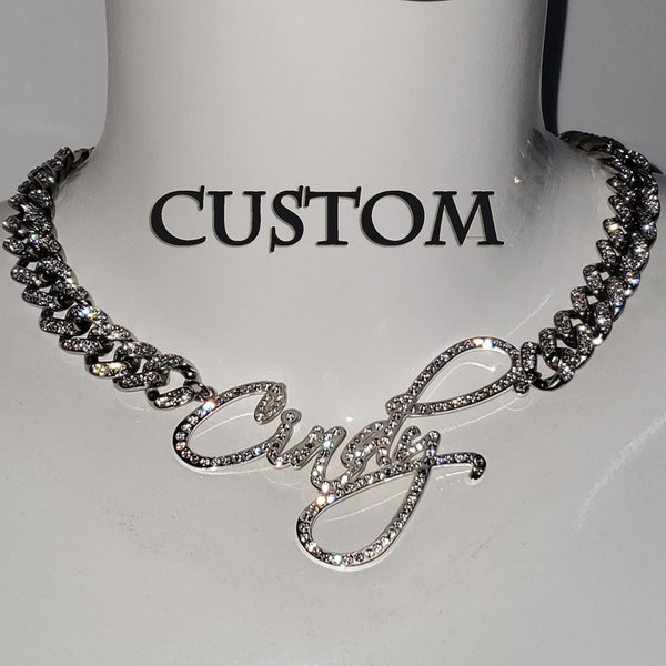 Custom Diamond Name Necklace Iced Out Cuban Chain, Script Name Necklace, Personalized Nameplate Necklace, Crystal Name Necklace, Hip Pop