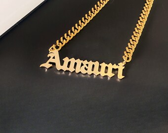 18K Gold Name Necklace,8mm Cuban Chain Necklace,custom Letter