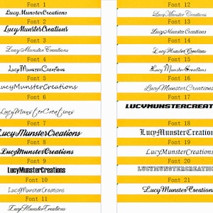 K&ouml;nnte beinhalten: Eine Grafik mit 21 verschiedenen Schriftarten, die jeweils den Text "Lucy Munster Creations" anzeigen. Die Schriftarten variieren in ihrem Stil, von eleganten Schriften bis hin zu fetten Blockbuchstaben, auf einem gelb-wei&szlig; gestreiften Hintergrund.