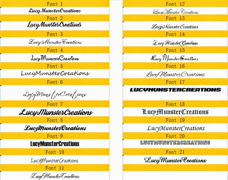 K&ouml;nnte beinhalten: Eine Grafik mit 21 verschiedenen Schriftarten, die jeweils den Text "Lucy Munster Creations" anzeigen. Die Schriftarten variieren in ihrem Stil, von eleganten Schriften bis hin zu fetten Blockbuchstaben, auf einem gelb-wei&szlig; gestreiften Hintergrund.