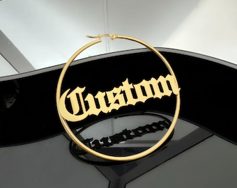 Custom Hoop Earrings, Name Hoop Earrings, Old English Name Earrings, Women Name Earrings, Gold Name Earrings, Nameplate Earrings For Women