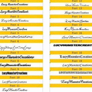 May include: A yellow and white striped background with a list of 21 different fonts. Each font is labelled with a number from 1 to 21 and the text "Lucy Munster Creations".