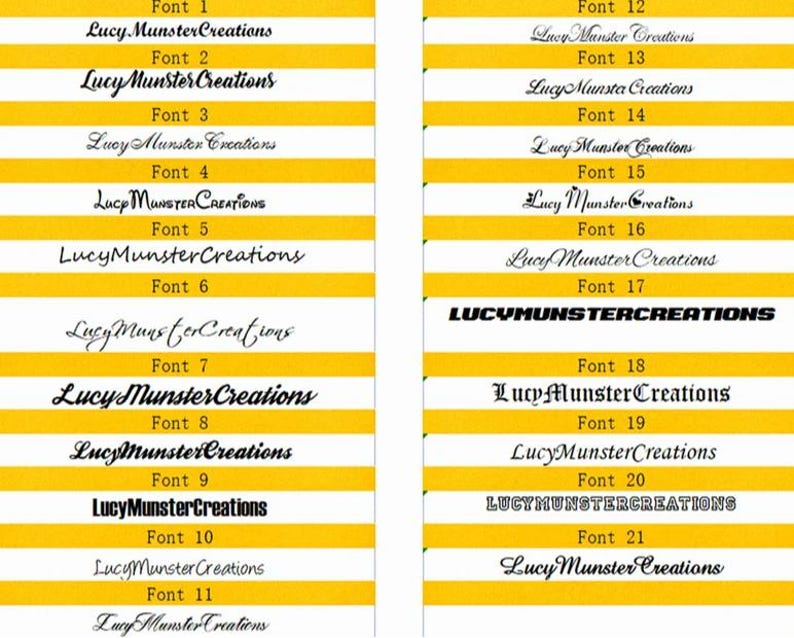 May include: A yellow and white striped background with a list of 21 different fonts. Each font is labelled with a number from 1 to 21 and the text "Lucy Munster Creations".