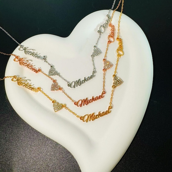 Personalized Diamond Script Name Necklace, Stainless Steel Family Necklace