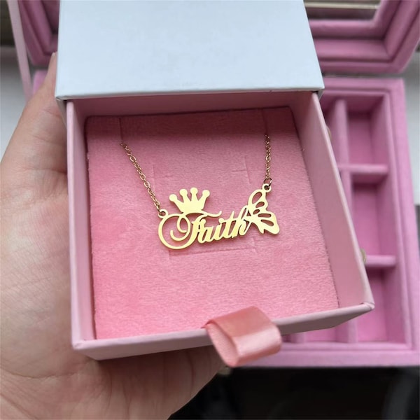 Custom Name Necklace For Women Girl, Personalized Name Necklace, Butterfly Crown Name Necklace, 18K Gold Plated Dainty Name Necklace