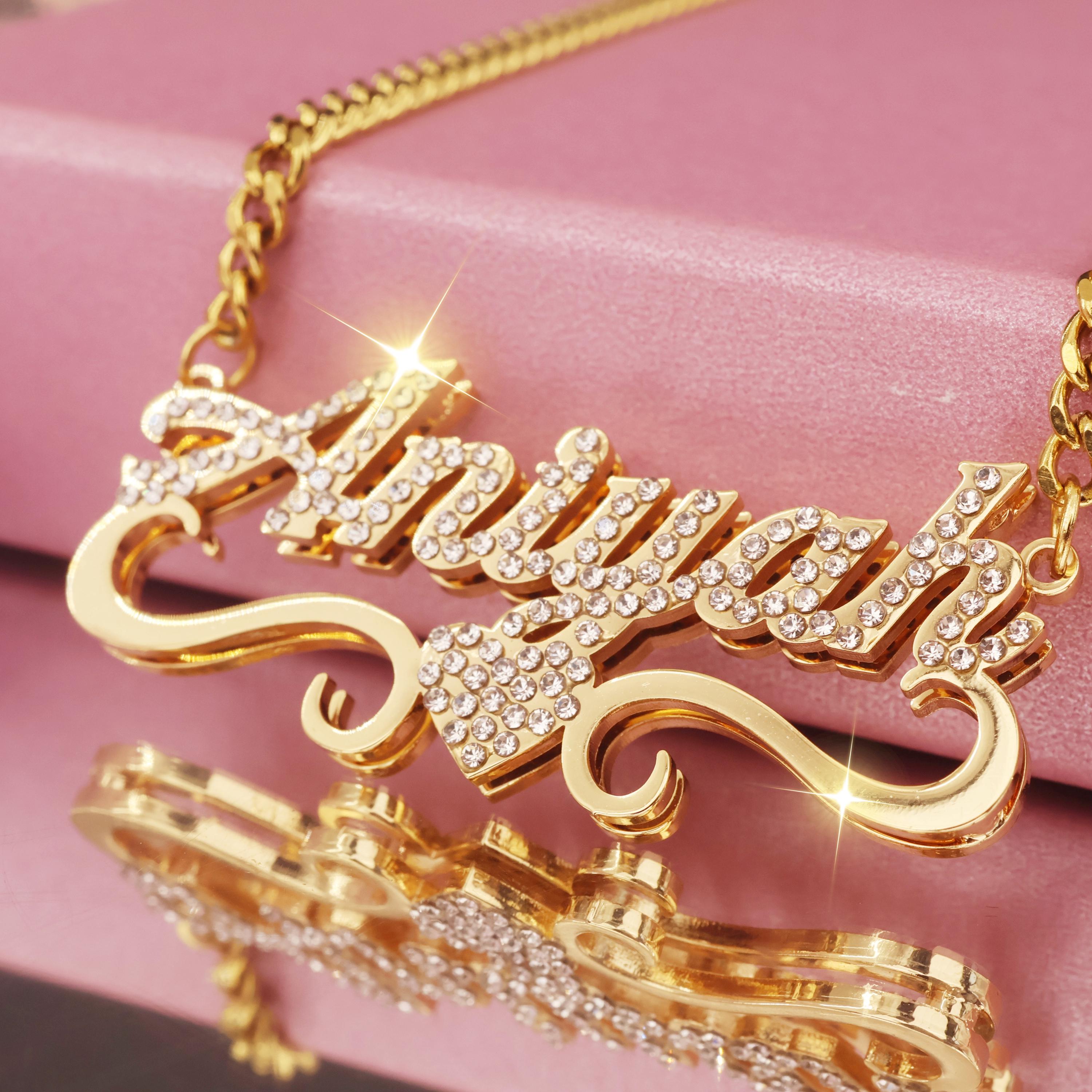Cuban Chain 14k Gold Diamond Nameplate Necklace Diamond Name