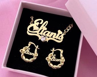 Name Hoop Ohrringe Halskette Set, personalisierter Baby Schmuck