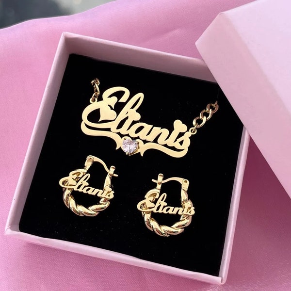Custom Dime Hoop Earrings Birthstone Name Necklace Set, Name Earrings For Kids Baby, Cuban Name Necklace, Nameplate Earrings Necklace Gifts