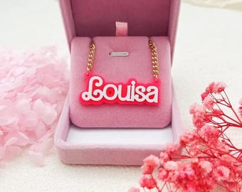 Aangepaste naamplaatjeketting, acryl naamketting, kleurrijke acrylnaam, kindernaamketting, roze naamplaatje, gepersonaliseerde ketting, kerstcadeau