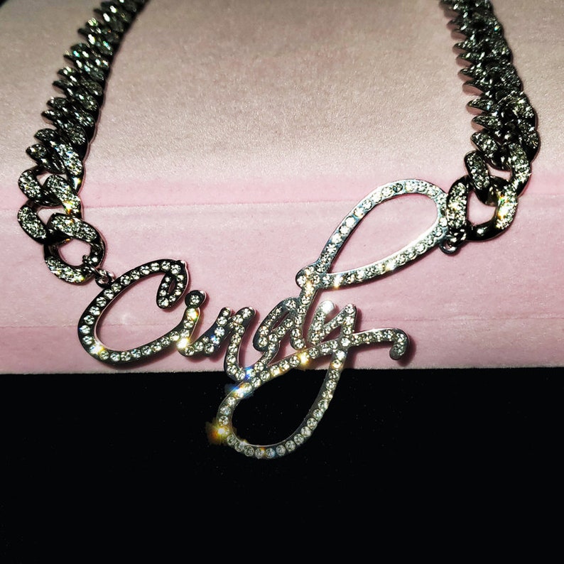 Custom Diamond Name Necklace Iced Out Cuban Chain Script Name Etsy
