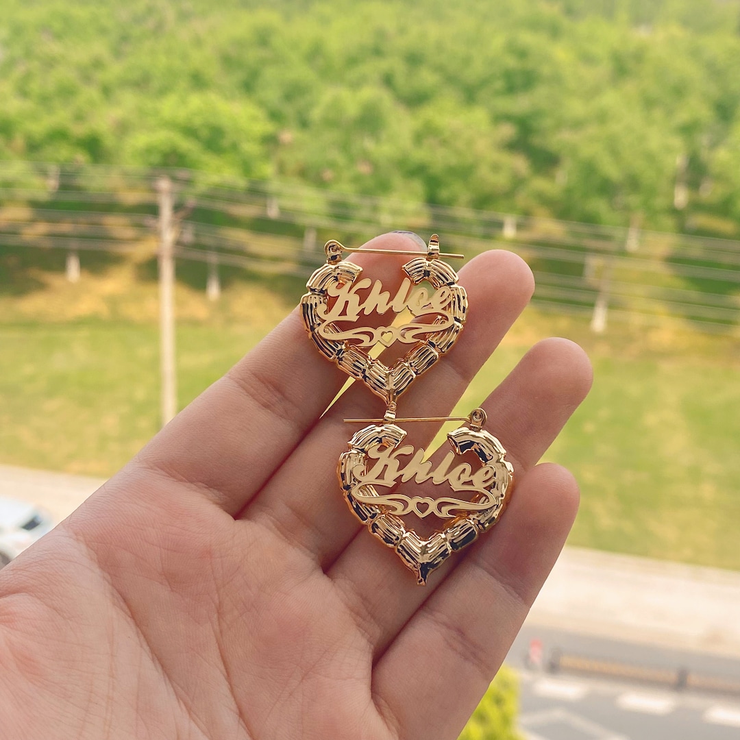 Heart Shaped 14k Gold Bamboo Earrings With Name Bamboo Heart Name