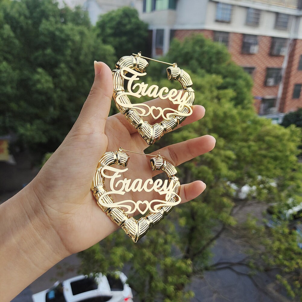 18K Gold Filled Heart Bamboo Hoop Earrings, Custom Name Earrings