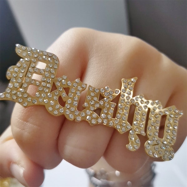 Benutzerdefinierter Knuckle-Ring, Namens-Knuckle-Ring, Diamant-Knuckle-Ring, Drei-Finger-Namensring, personalisierter Ring für Frauen, Ice Out-Ring