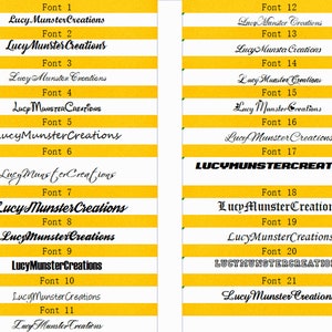 May include: A yellow background with black text showing 21 different fonts for the phrase "Lucy Munster Creations".