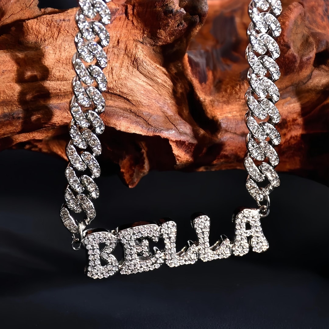 Custom Diamond Name Necklace, Iced Out Cuban Chain, Initial Jewelry - Etsy