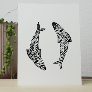 Original Linoldruck Fische | DIN A6 Dankeskarte, Postkarte, Wandbild, Karte