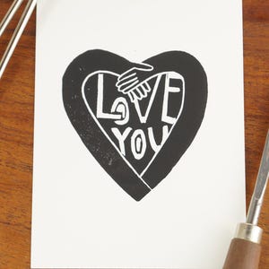 Original Linoldruck "love you" | DIN A6 Dankeskarte, Postkarte, Wandbild, Karte