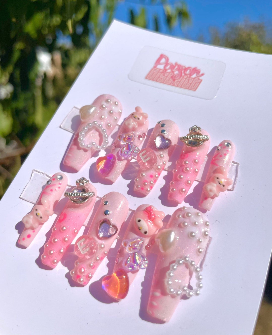 Coquette Preppy 3D Nails, Pink Press on Nails, Kawaii Nails 