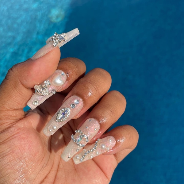 Press on nails « All Ice On Me » droplet strass rhinestones stars y2k gold nails sparkly silver 3d charms nails luxury nails