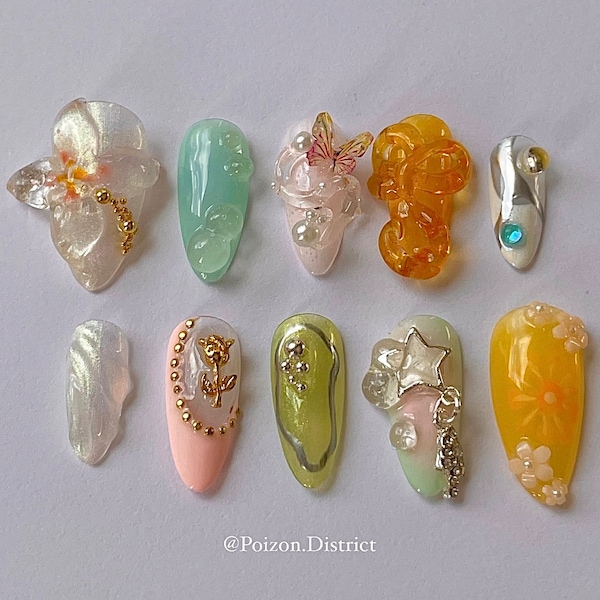 Press on nails 3d "Blossom" water nails, 3d flower nails, butterfly, coquette aesthetic, floral, dropplets, ethereal aura, water, bow, ruban