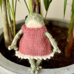 May include: A green knitted frog wearing a pink knitted dress with white lace trim. The frog is sitting on the edge of a gray planter.