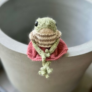 Op de afbeelding: Een groene gebreide kikker met een gestreepte trui en een roze rok, zittend op de rand van een grijze plantenbak.