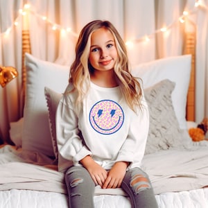 Smiley Face Leopard Print Lightning Bolt Youth Sweatshirt, Smiley Face Crewneck Sweatshirt, Light Blue Smiley Face Sweatshirt, Y2K Clothes