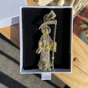La Santa Muerte Pendant | Holy Death | 14k Gold Plated Necklace 3.15” Pendant with 20&quot; Rope Chain | Gift Box